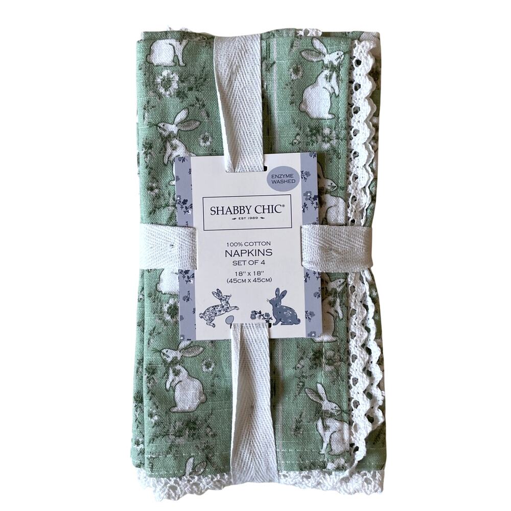 Shabby Chic Floral Bunny Rabbit Green White Crochet Easter Spring Napkins 4pc